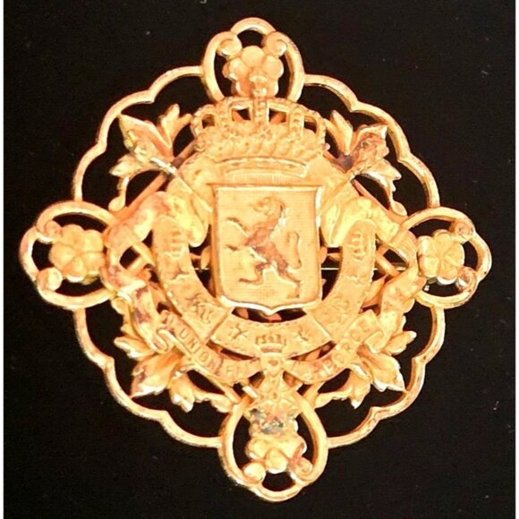 Miriam Haskell Gold-Tone Vintage Brooch With Intricate Floral & Lion Crest Desig